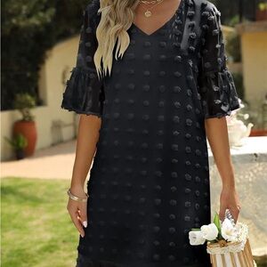 Short Sleeve V Neck Mini Dress Chiffon Swiss Dot Short Dress Black, X-Large